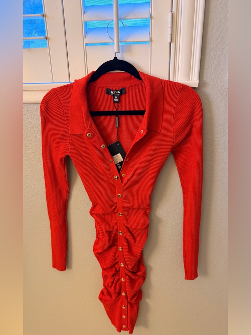 Hera Collection Orange Ribbed Button-Up Top with Gold Buttons